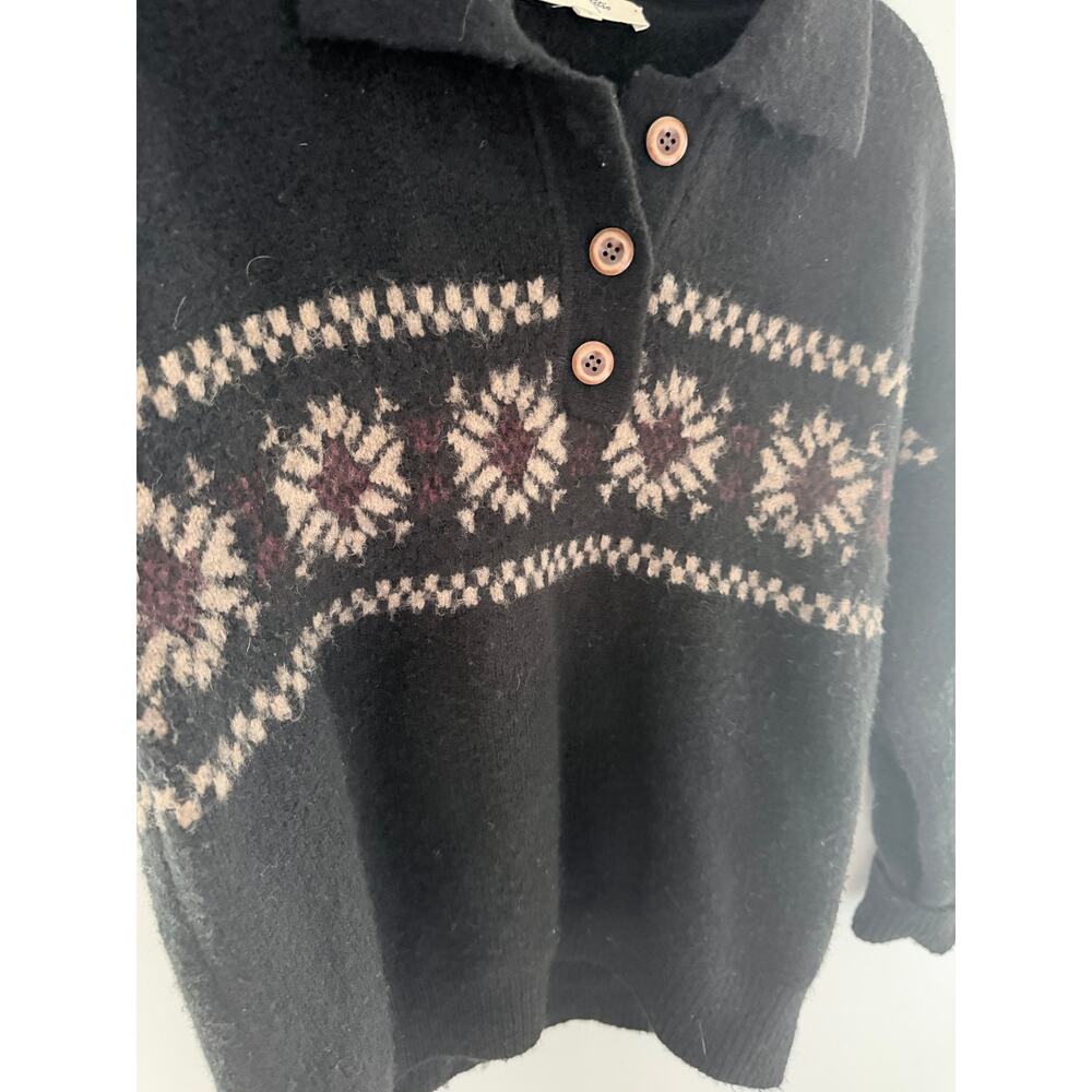 Simple Retro Norah Snowflake Jacquard Black Polo Fair Isle Knit Sweater-Size L - Picture 4 of 7